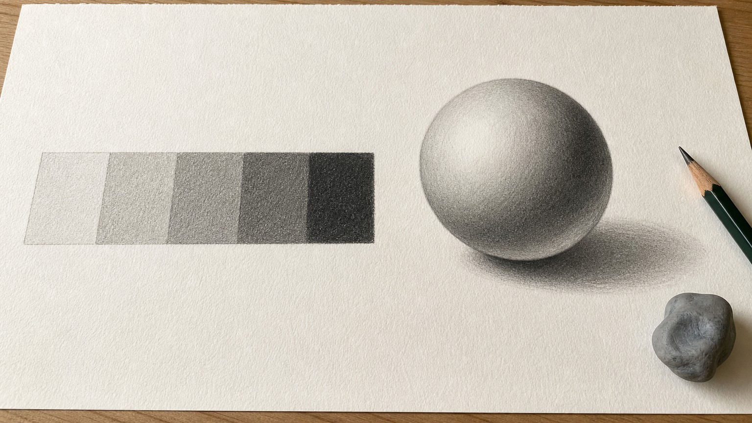 Drawing exercise sheet showing a five-step graphite value scale and a shaded sphere with core shadow, reflected light and cast shadow
