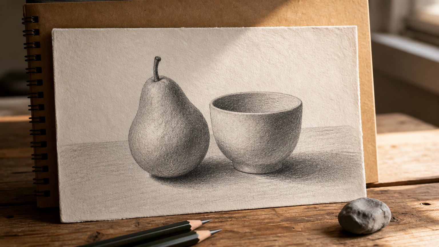 Finished graphite still-life drawing of a pear and a ceramic cup on textured paper with pencil and kneaded eraser beside it