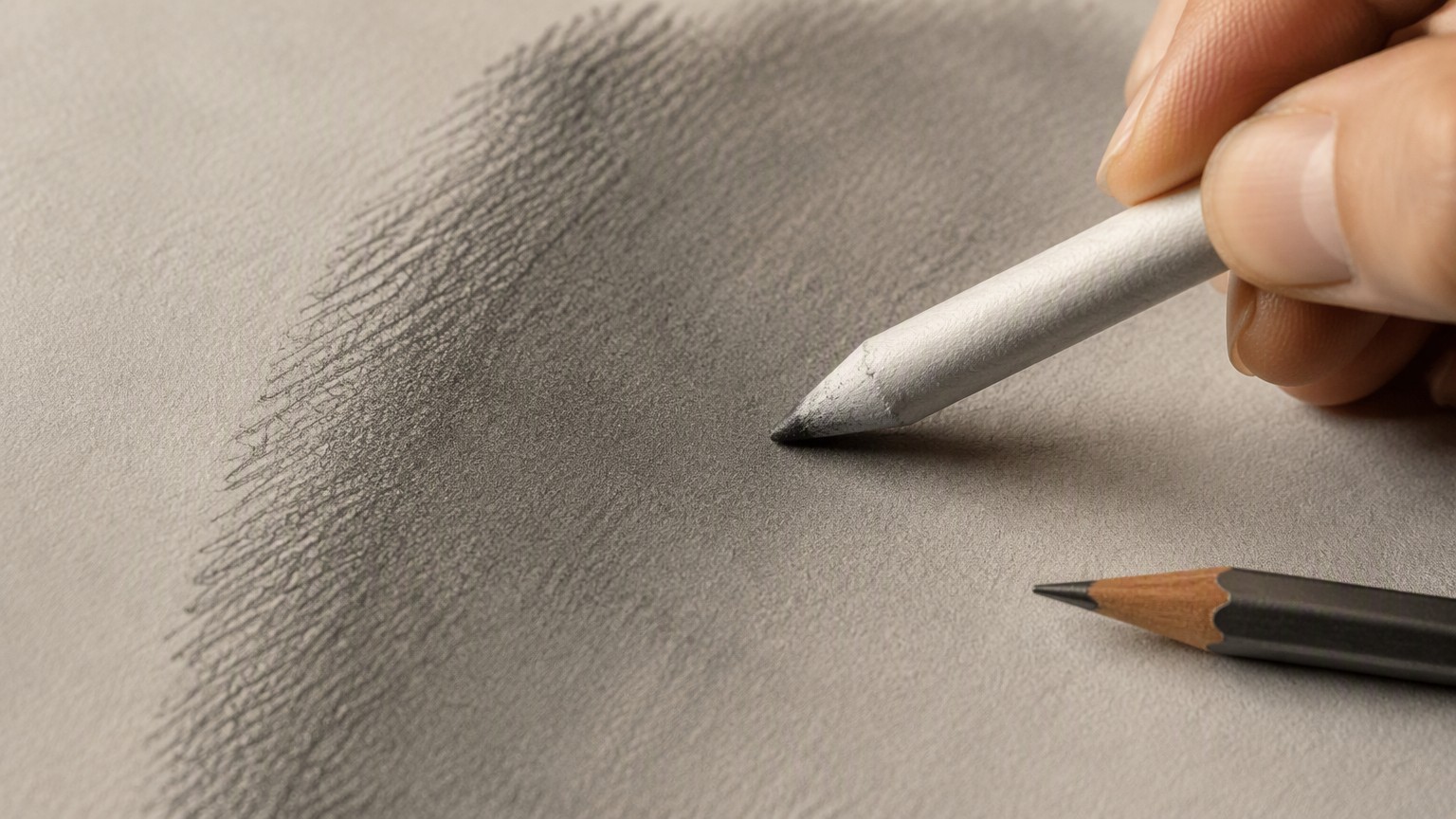 Hand blending graphite with a paper stump to create a smooth grey gradient next to unblended hatching