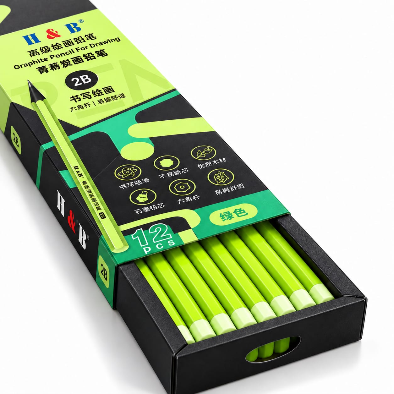 Green exterior design of the 12-pack 2B graphite pencils in a cardboard box