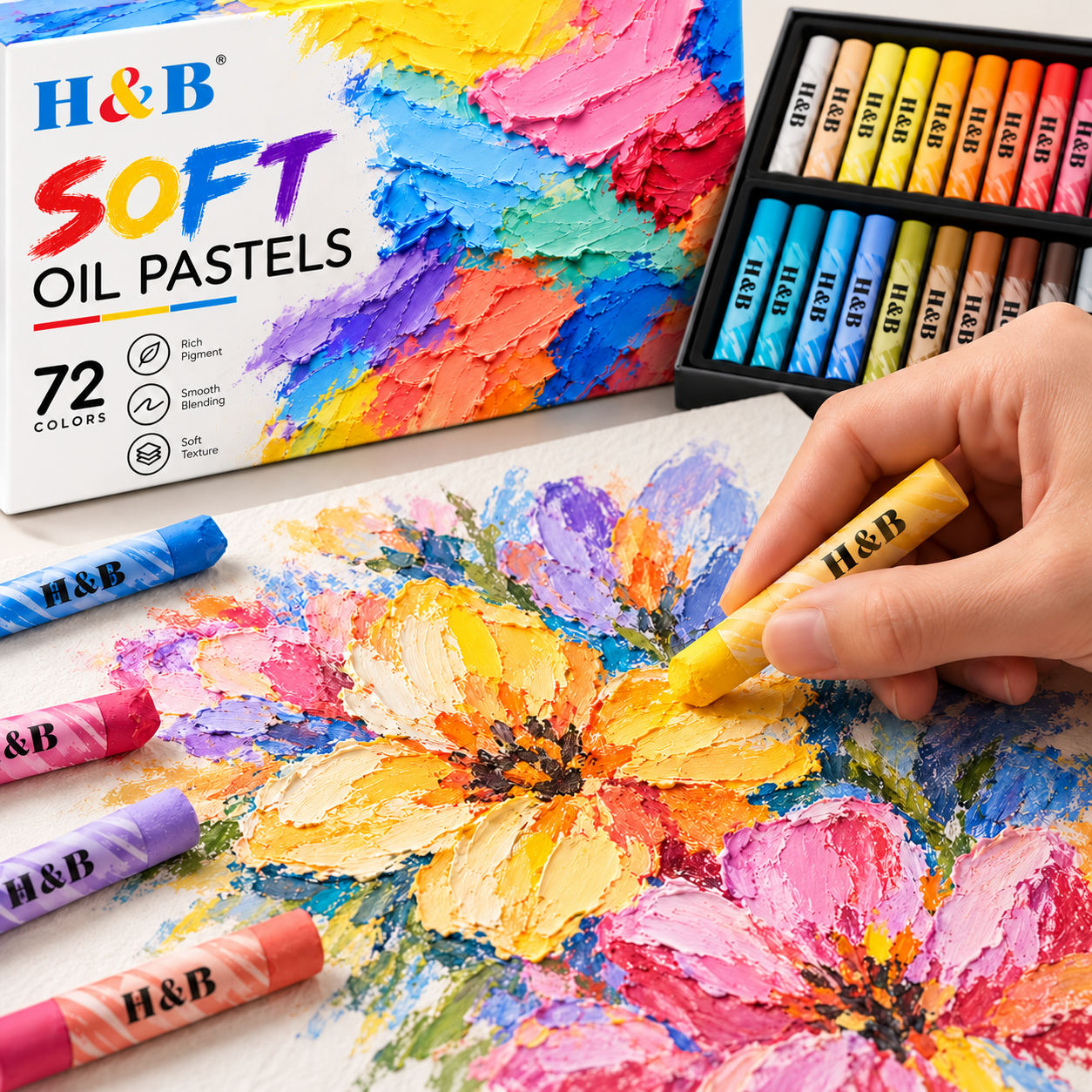 H&B HB-F72 oil pastel set with drawing example