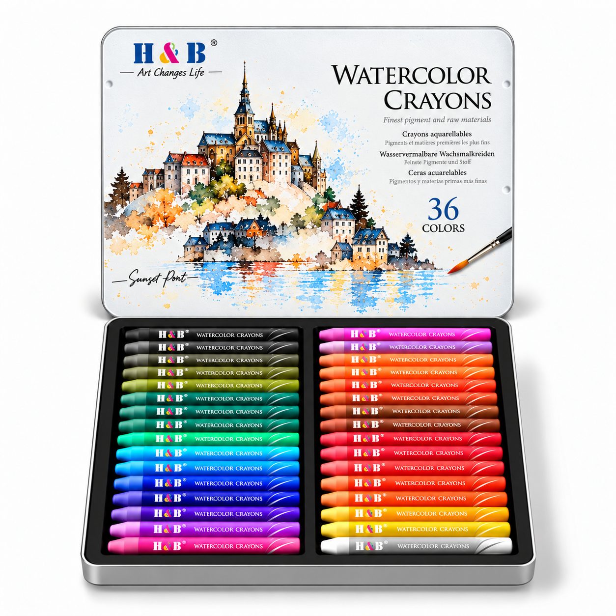 H&B 36-color watercolor crayon set in an open tin with a plastic tray