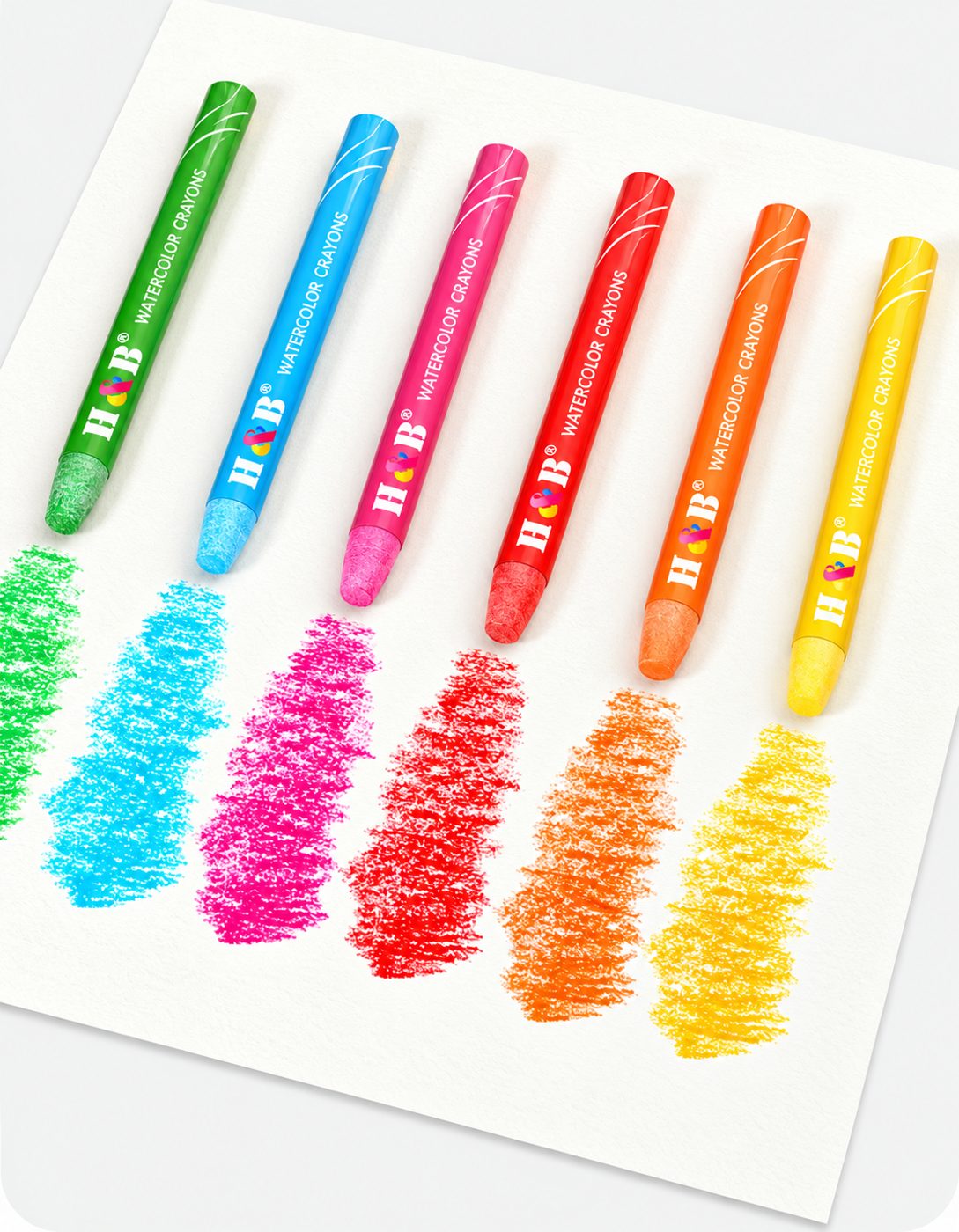 H&B watercolor crayons with six bright color strokes on paper