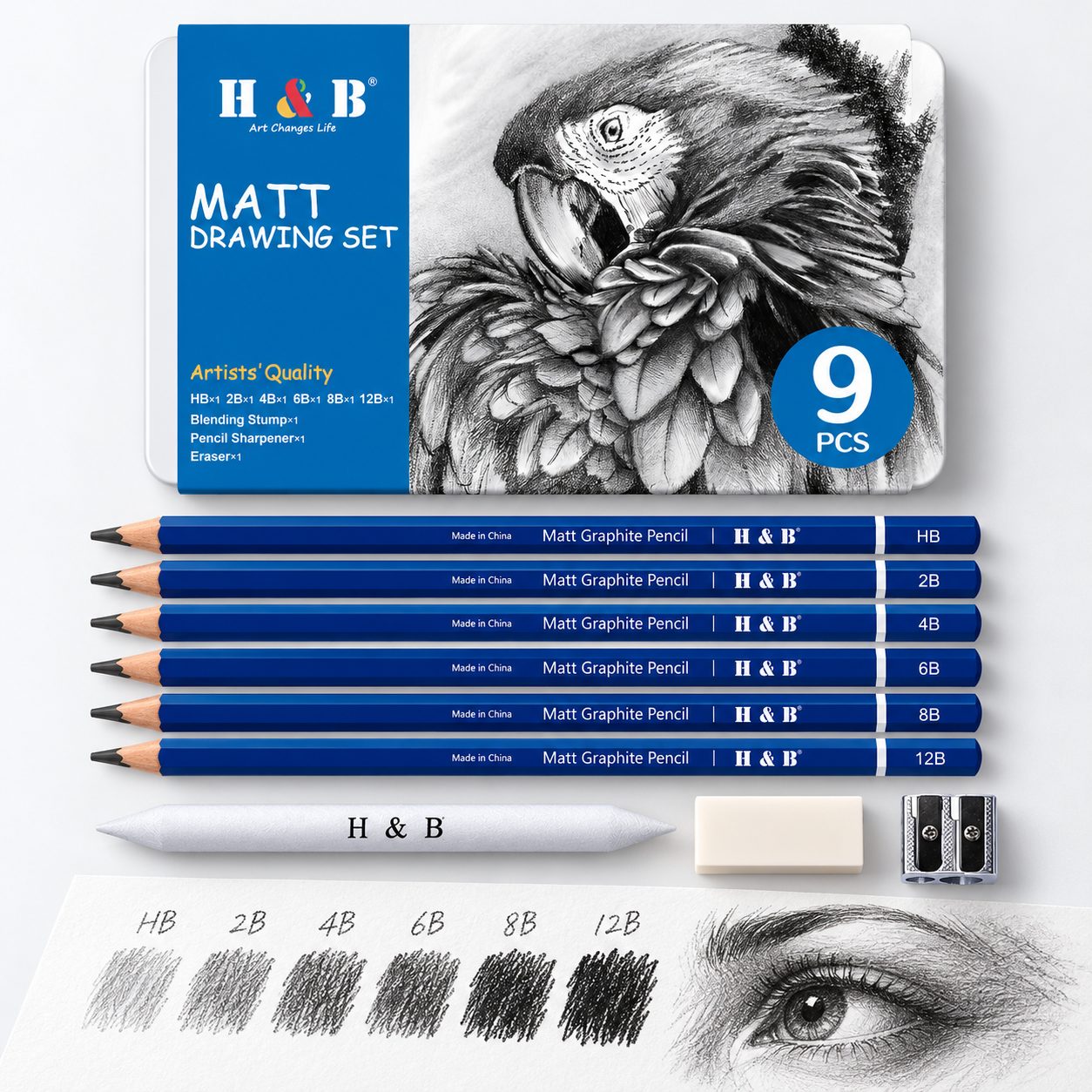 H&B nine-piece matte graphite sketching set with six pencils, blending stump, eraser, sharpener and tin box