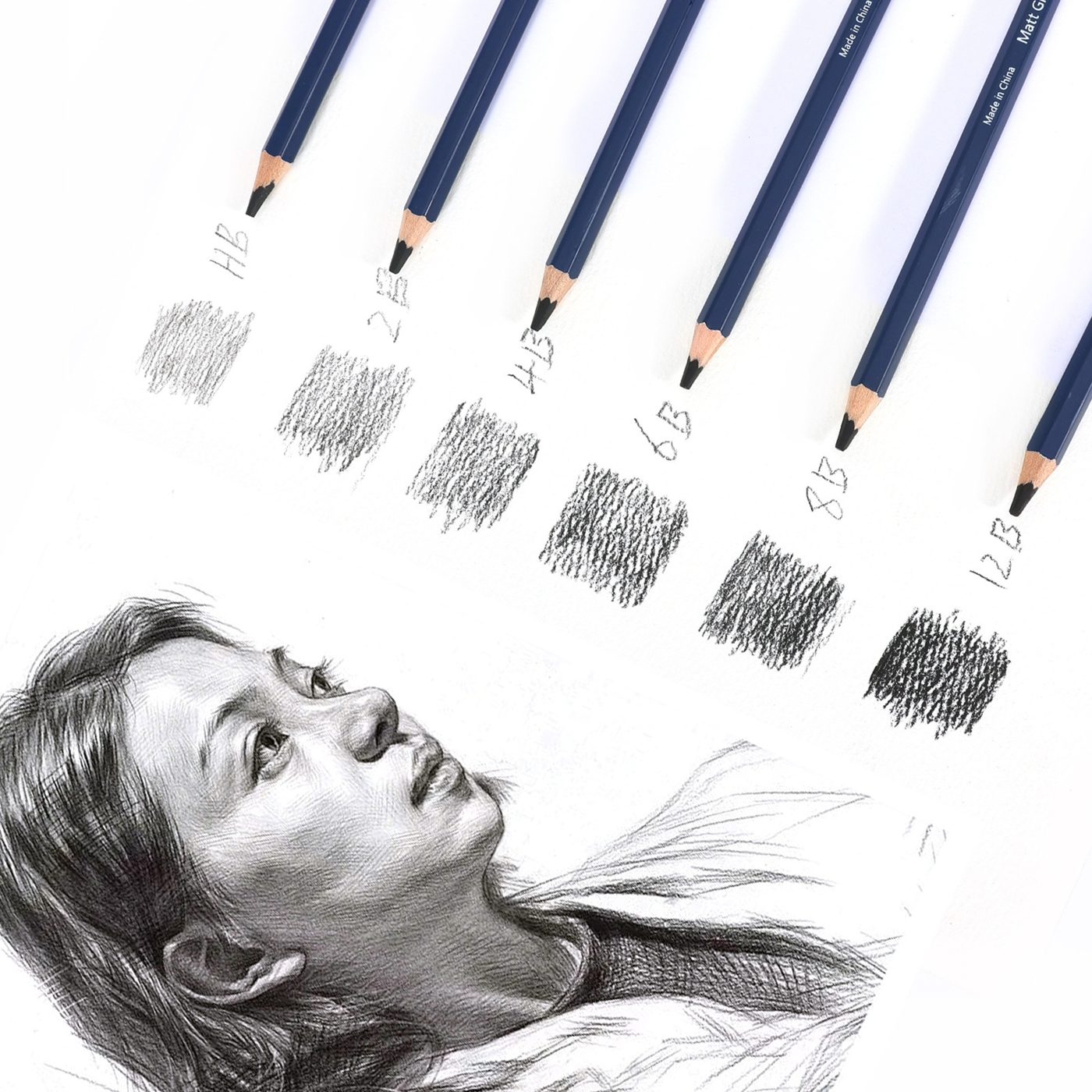 HB to 12B graphite pencils shown with progressively darker shading swatches