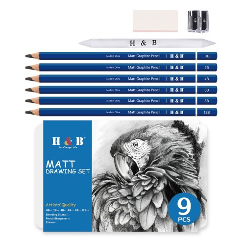 9 Piece Graphite Sketching Pencil Set with Eraser and Sharpener