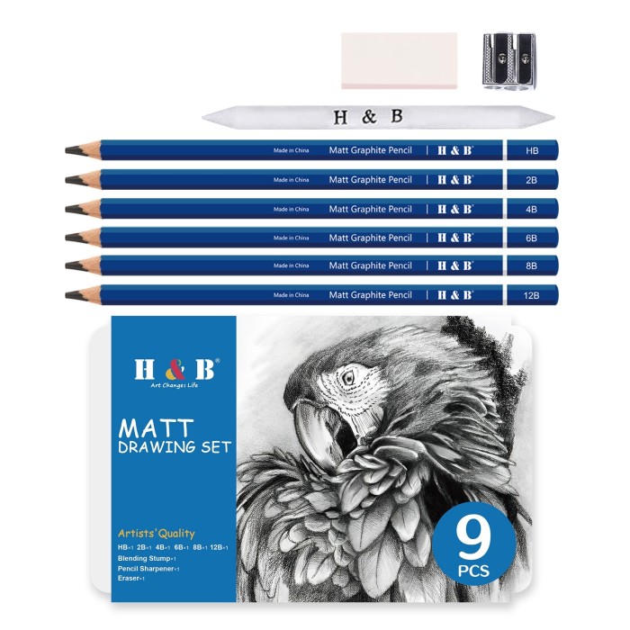 9 Piece Graphite Sketching Pencil Set with Eraser and Sharpener
