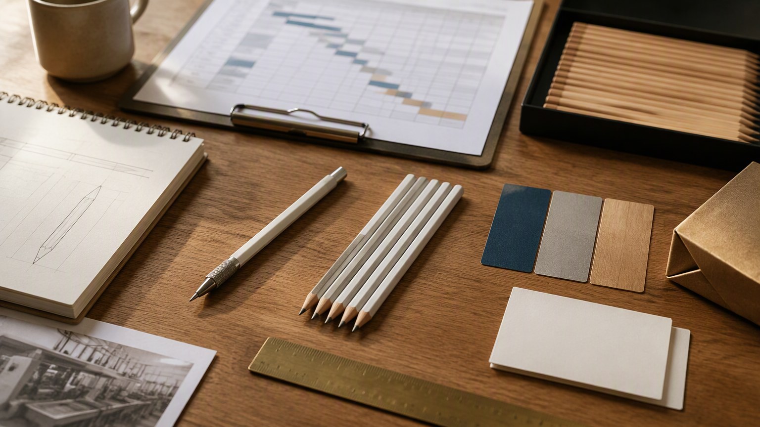 Production planning desk with pencil sets, colour chips and a kraft carton
