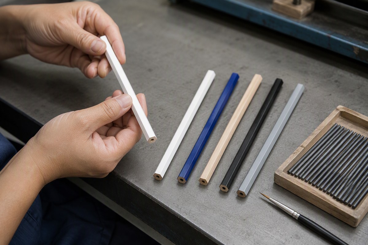 Sample barrels compared against prepared colour blanks on a factory workbench