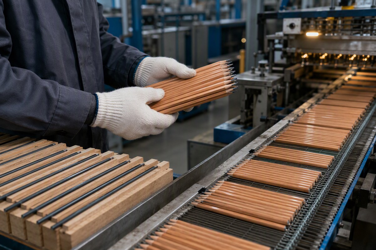 Pencil slats with graphite cores moving along a production line