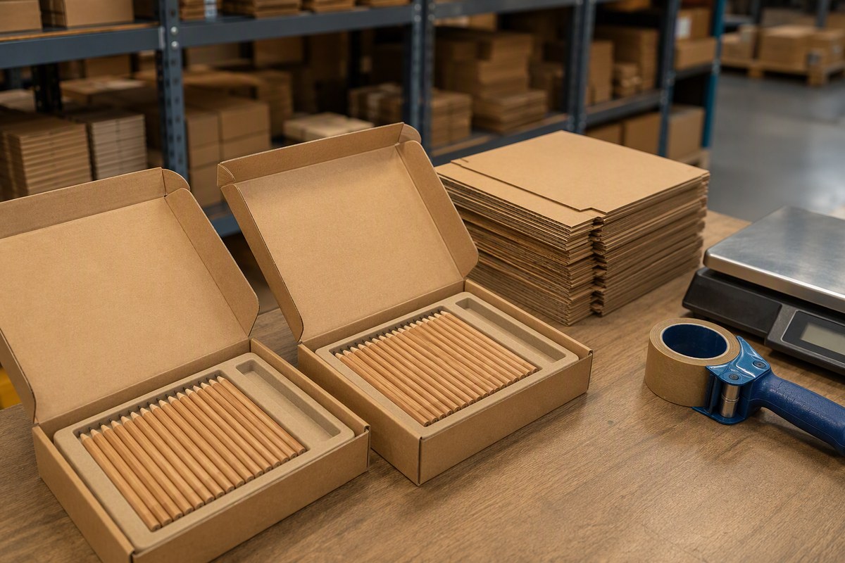 Unprinted pencil sets packed into kraft cartons on a packing bench