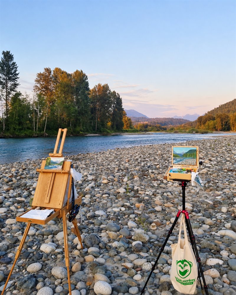 Watercolor painting outdoors by a river for plein air art