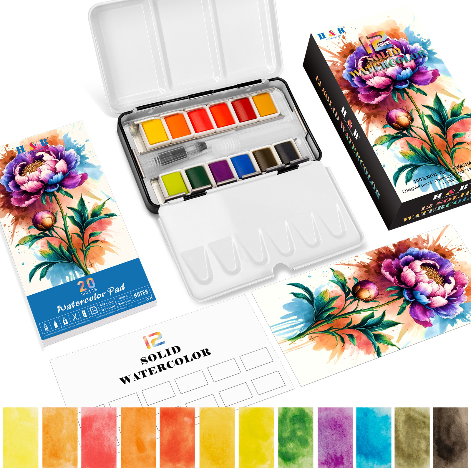 Close view of regular solid watercolor pans