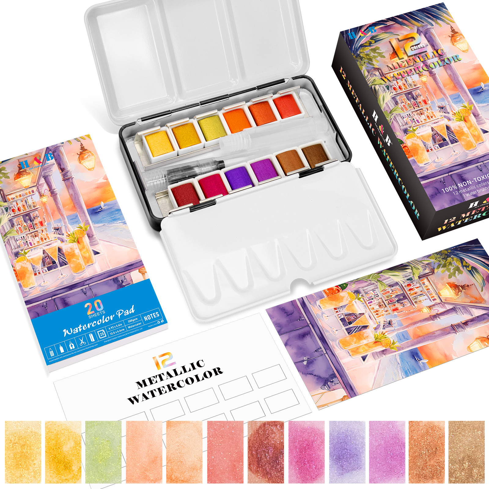 Regular 12-color watercolor set with tin, water brush, swatch card and pad