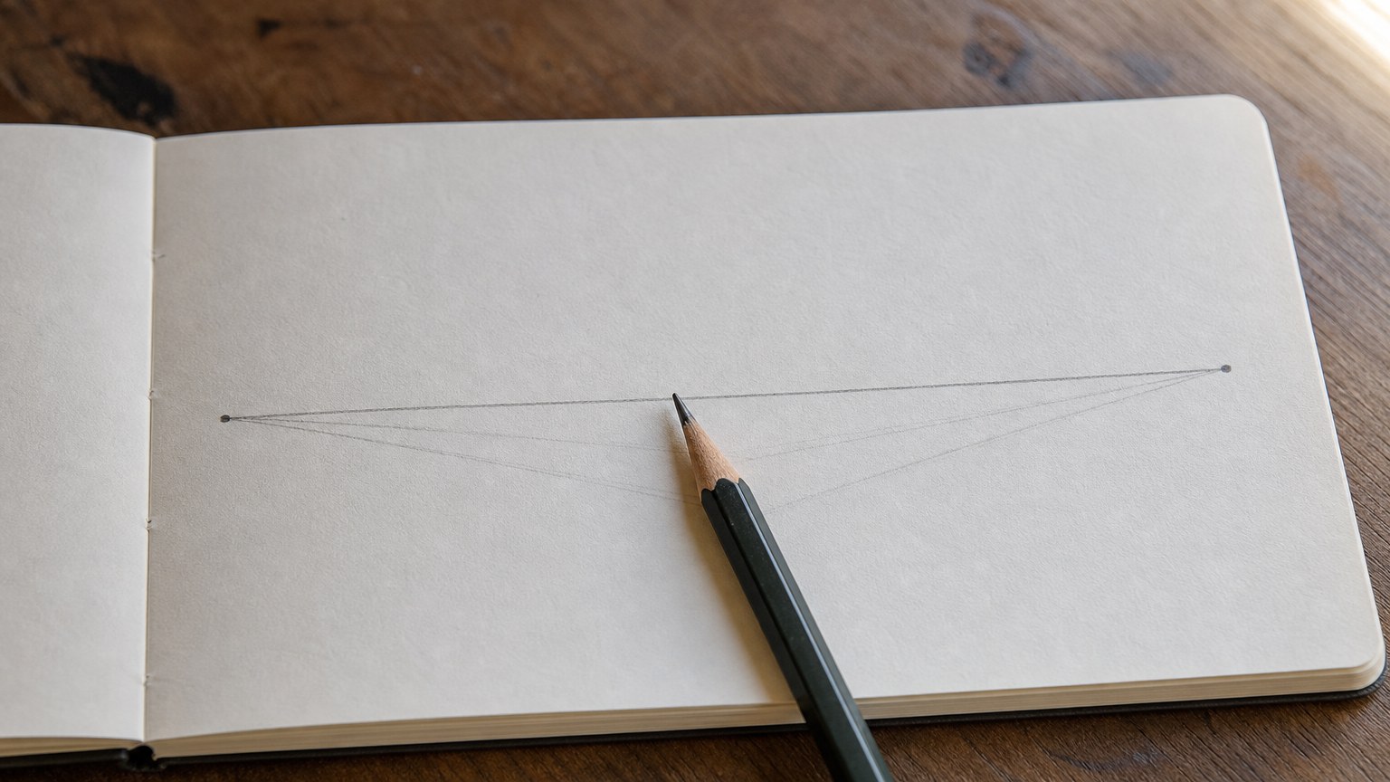 Sketchbook page with a single horizontal horizon line and two vanishing points marked at opposite ends, faint guide lines running inward from each point