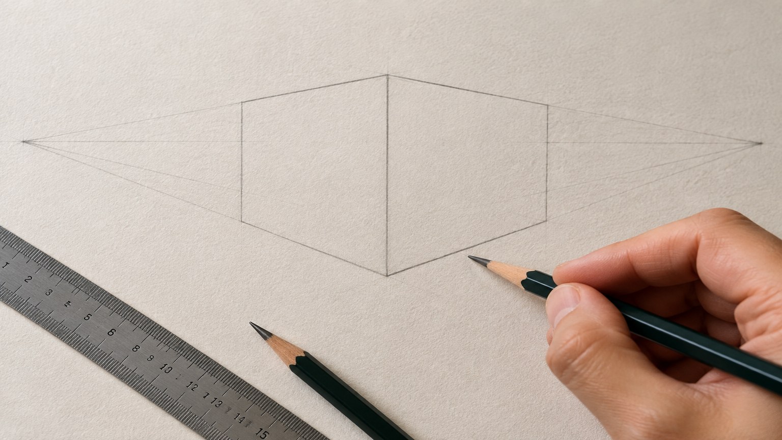Hand drawing a box in two-point perspective with a sharpened pencil, single vertical near corner plus faint lines running to both vanishing points, steel ruler beside the paper