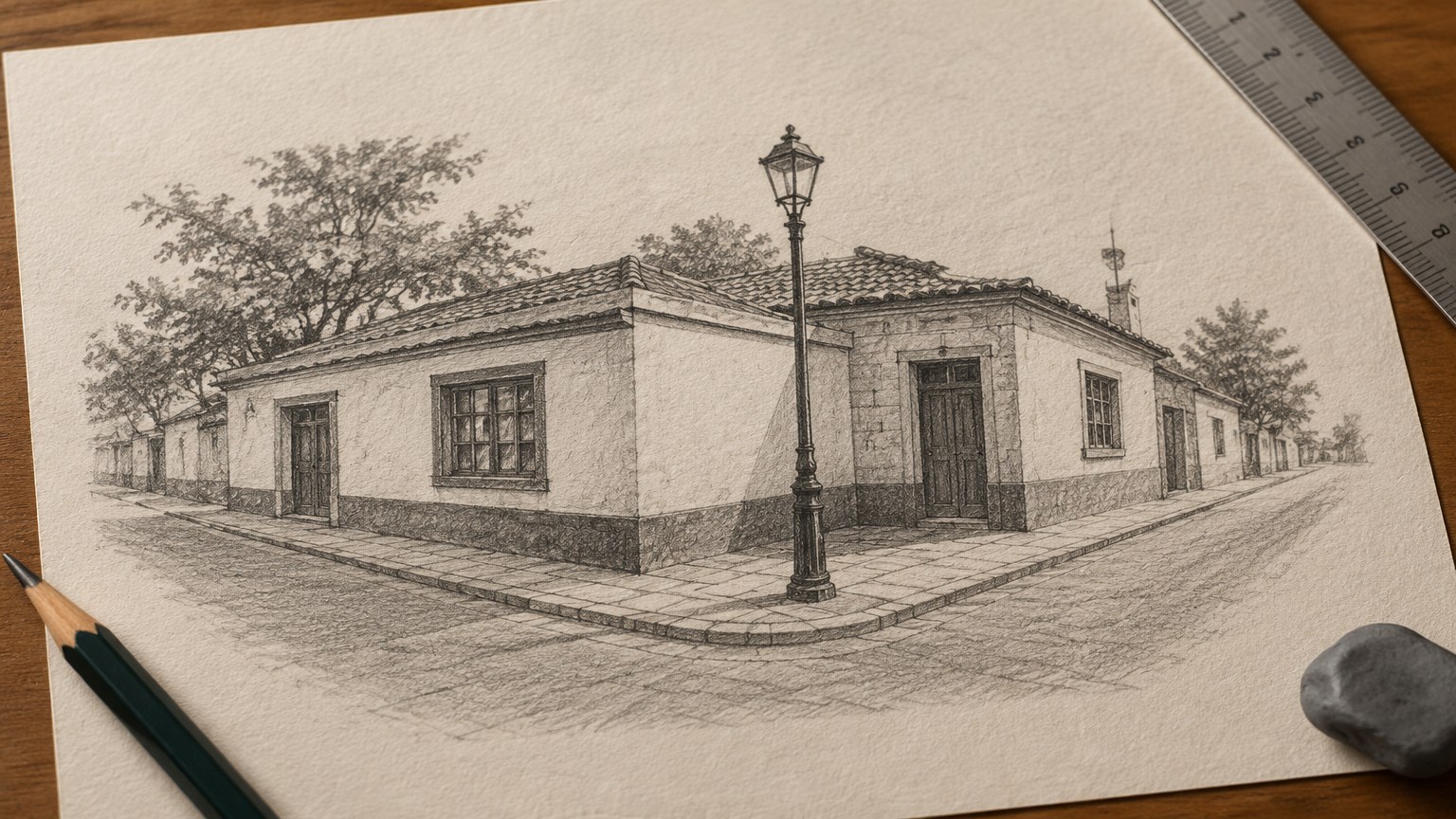 Finished graphite drawing of a small street corner with two low buildings, receding windows and doors, street lamp and pavement, soft shading with dark accents at the base
