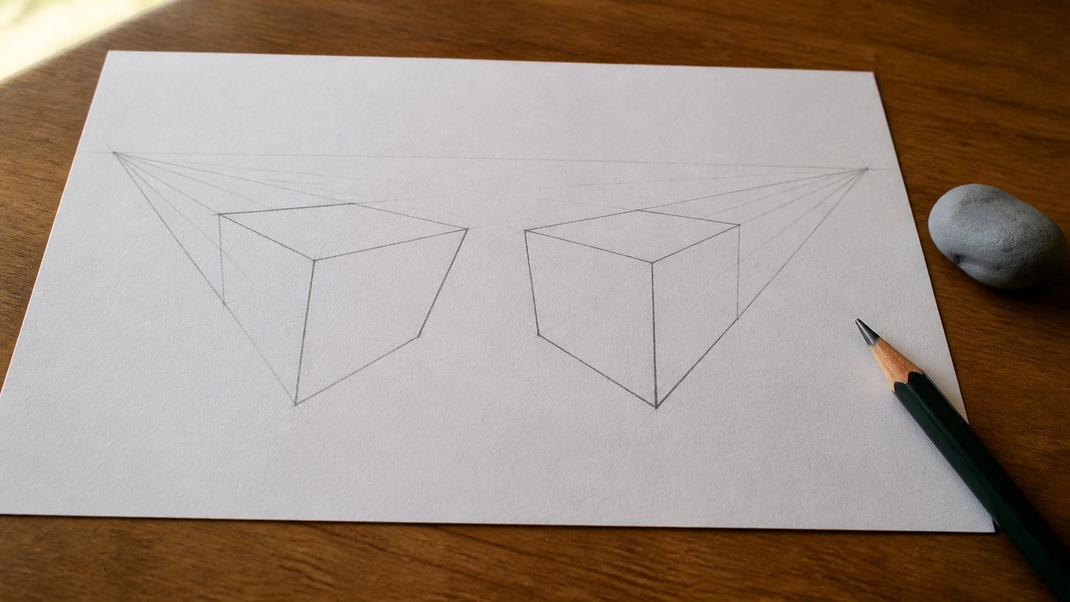 Practice sheet with two boxes drawn in two-point perspective side by side, the left one with distorted slanted edges and the right one with correctly converging parallel edges