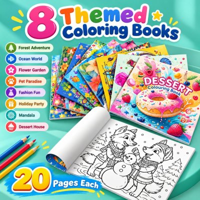 20 × 20 cm Themed Coloring Books – 8 Designs, 20 Pages Each