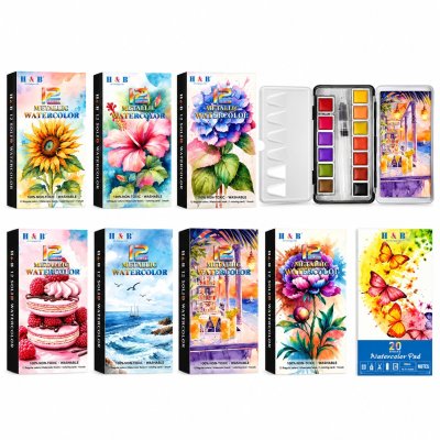 12 Color Watercolor Paint Set in Tin Box with Water Brush and Notepad