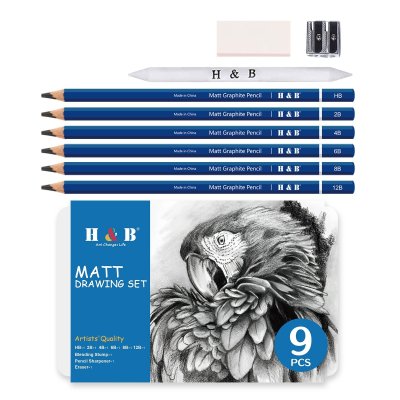 9 Piece Graphite Sketching Pencil Set with Eraser and Sharpener