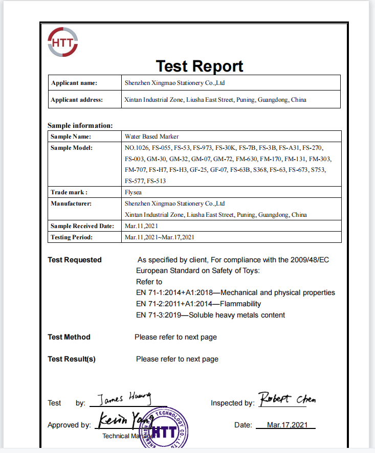 water based marker product test report