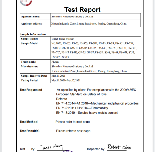 water based marker product test report