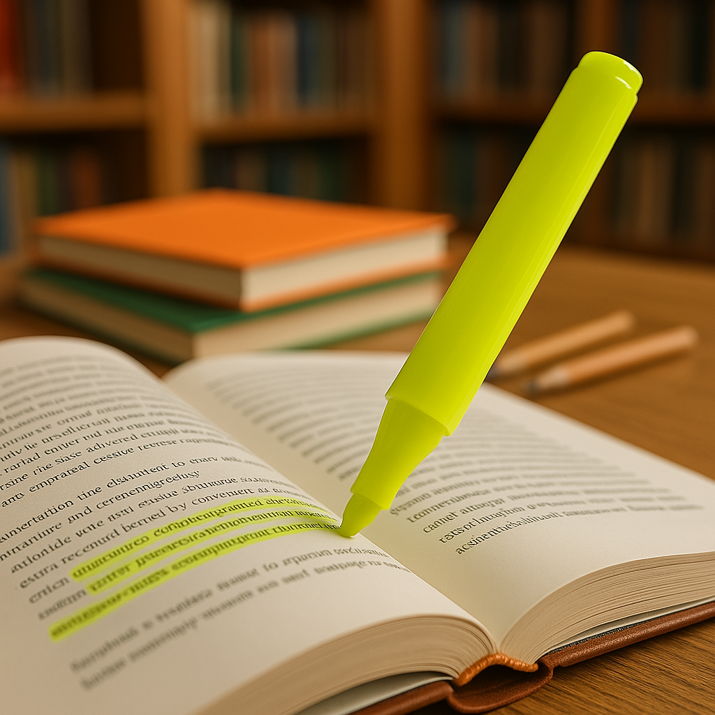 Highlighter marking a textbook