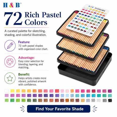 H&B Art Professional 48/72 Colors Pastel Pencils Set for Artists – High Pigment Dry Media Pencils for Fine Detailing, Portraits & Shading – ASTM D-4236 Certified Non-toxic Gift Box