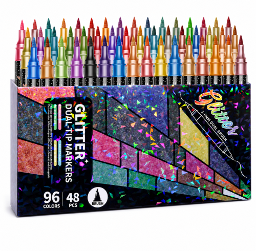 H&B Art Dual-Tip Dual-Color Glitter Acrylic Markers Set – 12/24/36/48/60 Colors Non-Toxic Paint Pens for Rock Painting, Canvas Art & DIY Crafts – Custom Logo OEM Wholesale Bulk