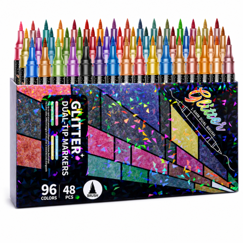 H&B Art Dual-Tip Dual-Color Glitter Acrylic Markers Set – 12/24/36/48/60 Colors Non-Toxic Paint Pens for Rock Painting, Canvas Art & DIY Crafts – Custom Logo OEM Wholesale Bulk
