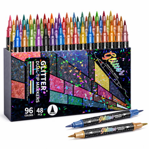 H&B Art Dual-Tip Dual-Color Glitter Acrylic Markers Set – 12/24/36/48/60 Colors Non-Toxic Paint Pens for Rock Painting, Canvas Art & DIY Crafts – Custom Logo OEM Wholesale Bulk