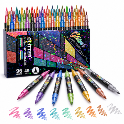H&B Art Dual-Tip Dual-Color Glitter Acrylic Markers Set – 12/24/36/48/60 Colors Non-Toxic Paint Pens for Rock Painting, Canvas Art & DIY Crafts – Custom Logo OEM Wholesale Bulk