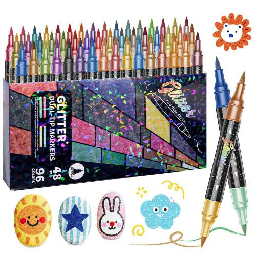 H&B Art Dual-Tip Dual-Color Glitter Acrylic Markers Set – 12/24/36/48/60 Colors Non-Toxic Paint Pens for Rock Painting, Canvas Art & DIY Crafts – Custom Logo OEM Wholesale Bulk