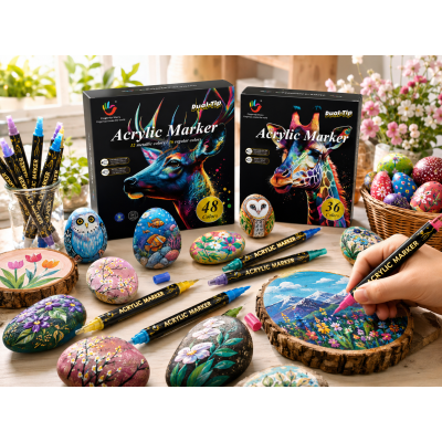 H&B  Dual-Tip Acrylic Paint Markers Set 24/36/48 Colors – Quick-Dry Non-Toxic Paint Pens with Fine & Brush Tips for Rock Painting, Canvas, Ceramic & Fabric – OEM Private Label Wholesale Art Supplies