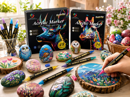 H&B Dual-Tip Acrylic Paint Markers Set 24/36/48 Colors – Quick-Dry Non-Toxic Paint Pens with Fine & Brush Tips for Rock Painting, Canvas, Ceramic & Fabric – OEM Private Label Wholesale Art Supplies