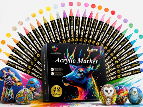 H&B Dual-Tip Acrylic Paint Markers Set 24/36/48 Colors – Quick-Dry Non-Toxic Paint Pens with Fine & Brush Tips for Rock Painting, Canvas, Ceramic & Fabric – OEM Private Label Wholesale Art Supplies