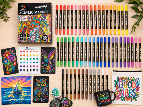 H&B 36 Colors Dual-Tip Acrylic Paint Markers Set – Fine Point & Brush Tip Permanent Paint Pens for Canvas, Rock Painting & DIY Crafts – Non-Toxic OEM Wholesale Acrylic Markers Supplier