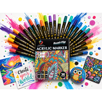 H&B 36 Colors Dual-Tip Acrylic Paint Markers Set – Fine Point & Brush Tip Permanent Paint Pens for Canvas, Rock Painting & DIY Crafts – Non-Toxic OEM Wholesale Acrylic Markers Supplier