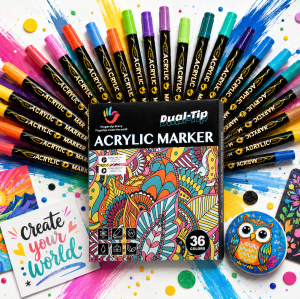 H&B 36 Colors Dual-Tip Acrylic Paint Markers Set – Fine Point & Brush Tip Permanent Paint Pens for Canvas, Rock Painting & DIY Crafts – Non-Toxic OEM Wholesale Acrylic Markers Supplier