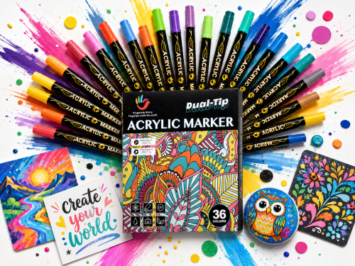 H&B 36 Colors Dual-Tip Acrylic Paint Markers Set – Fine Point & Brush Tip Permanent Paint Pens for Canvas, Rock Painting & DIY Crafts – Non-Toxic OEM Wholesale Acrylic Markers Supplier
