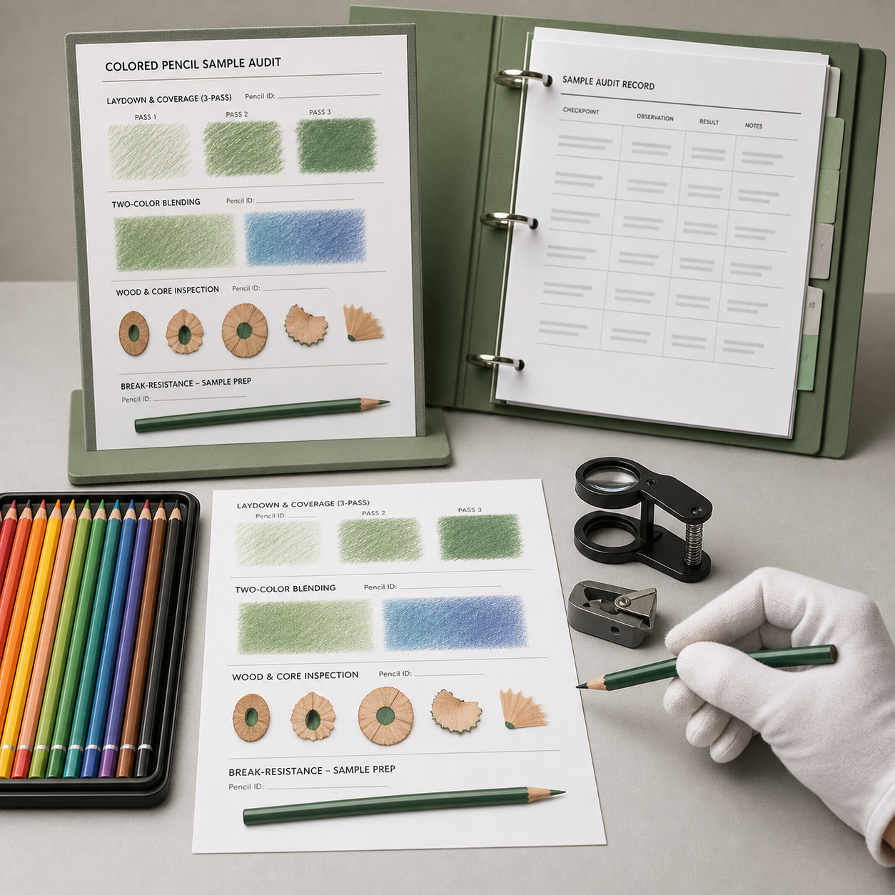 Professional artist testing colored pencils quality for distribution