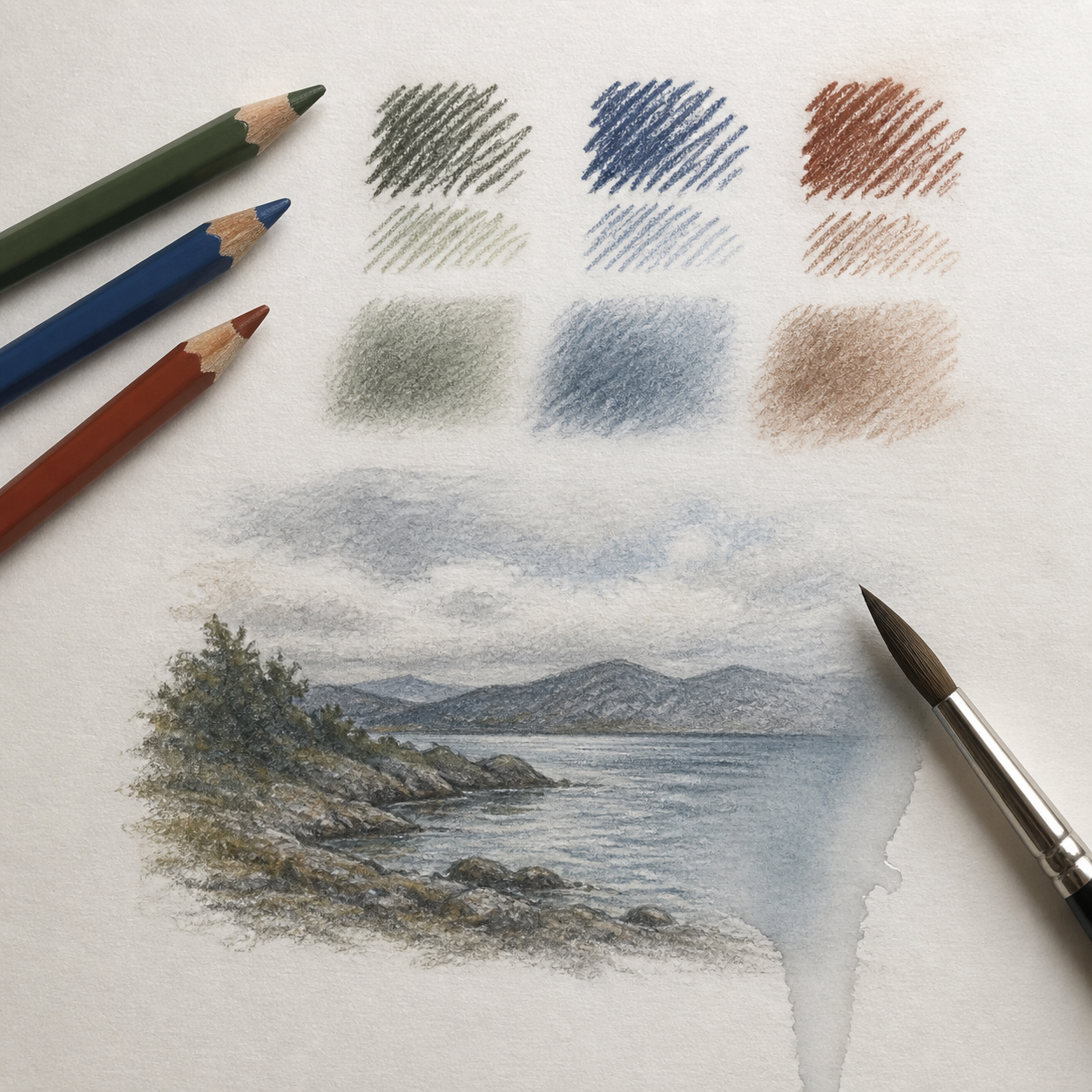 Colored pencil set arranged in circle showing full color range