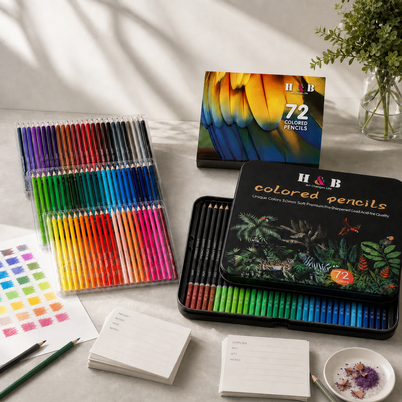 Art supplies with colored pencils in containers ready for distribution