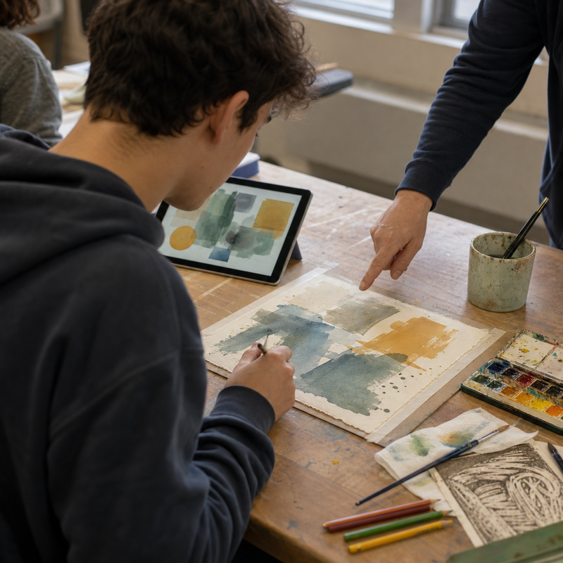 Art education classroom with students working on creative projects