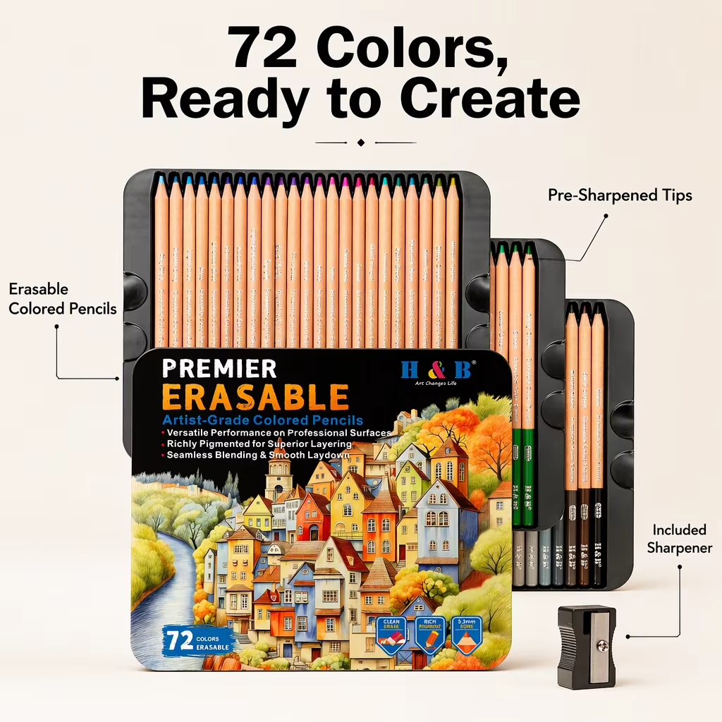 Feature callouts: erasable pencils, pre-sharpened tips, included sharpener