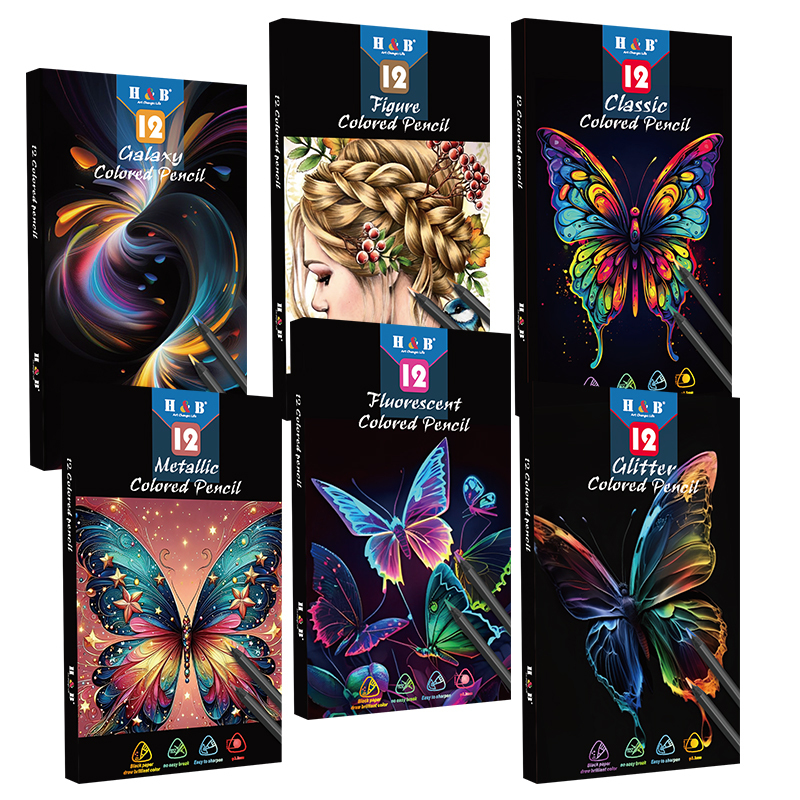 12-color black wood colored pencil set with butterfly-themed packaging