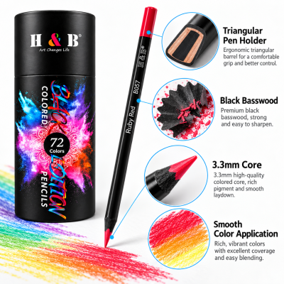 72-Color Triangular Black Wood Oil-Based Colored Pencil Set in Paper Tube