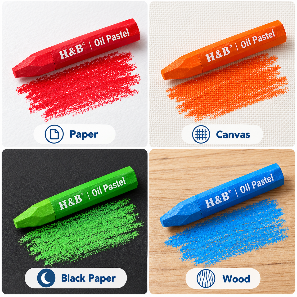 45-color H&B oil pastel set shown with a drawing in progress