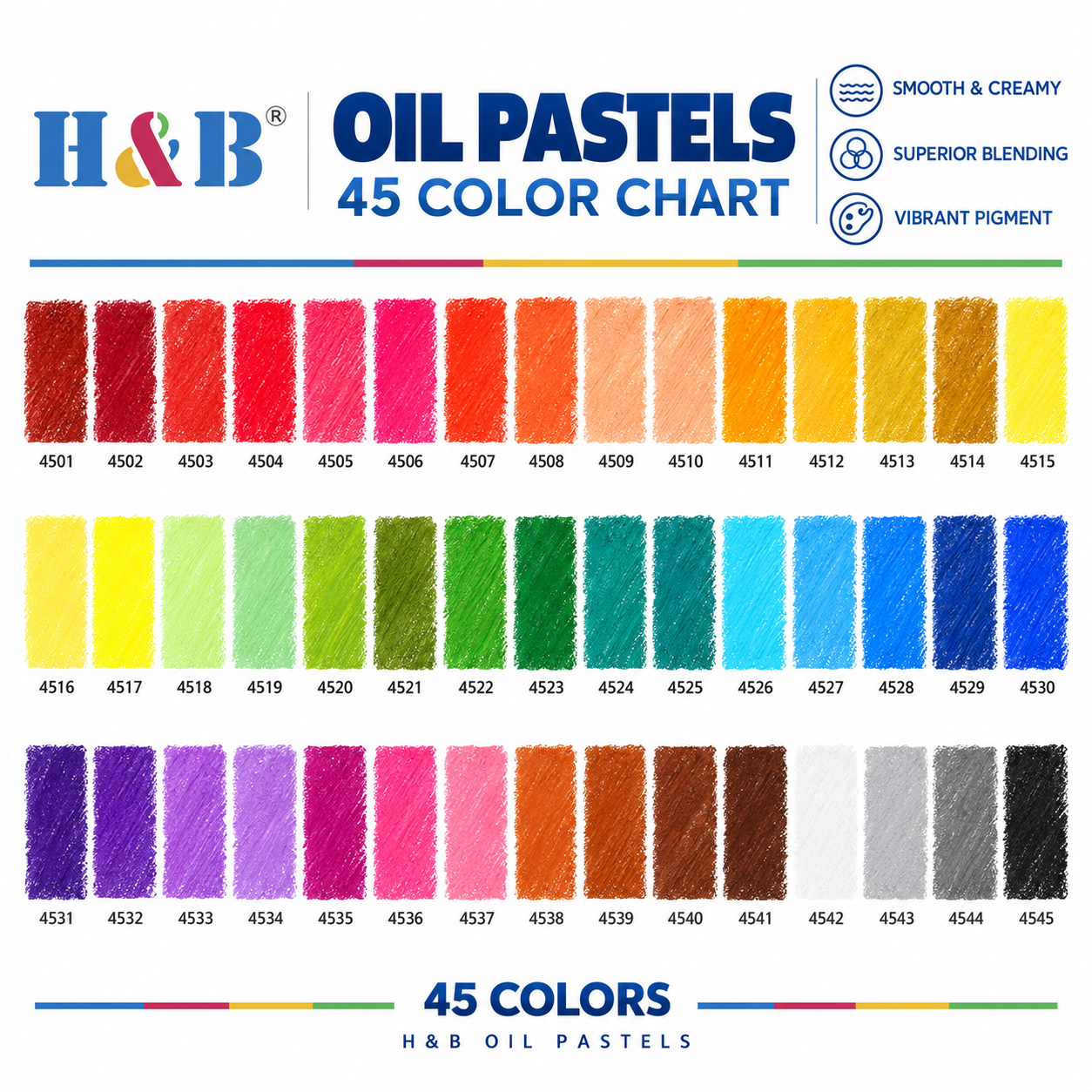 H&B 45-color hexagonal oil pastel set in a rigid paperboard box with tray